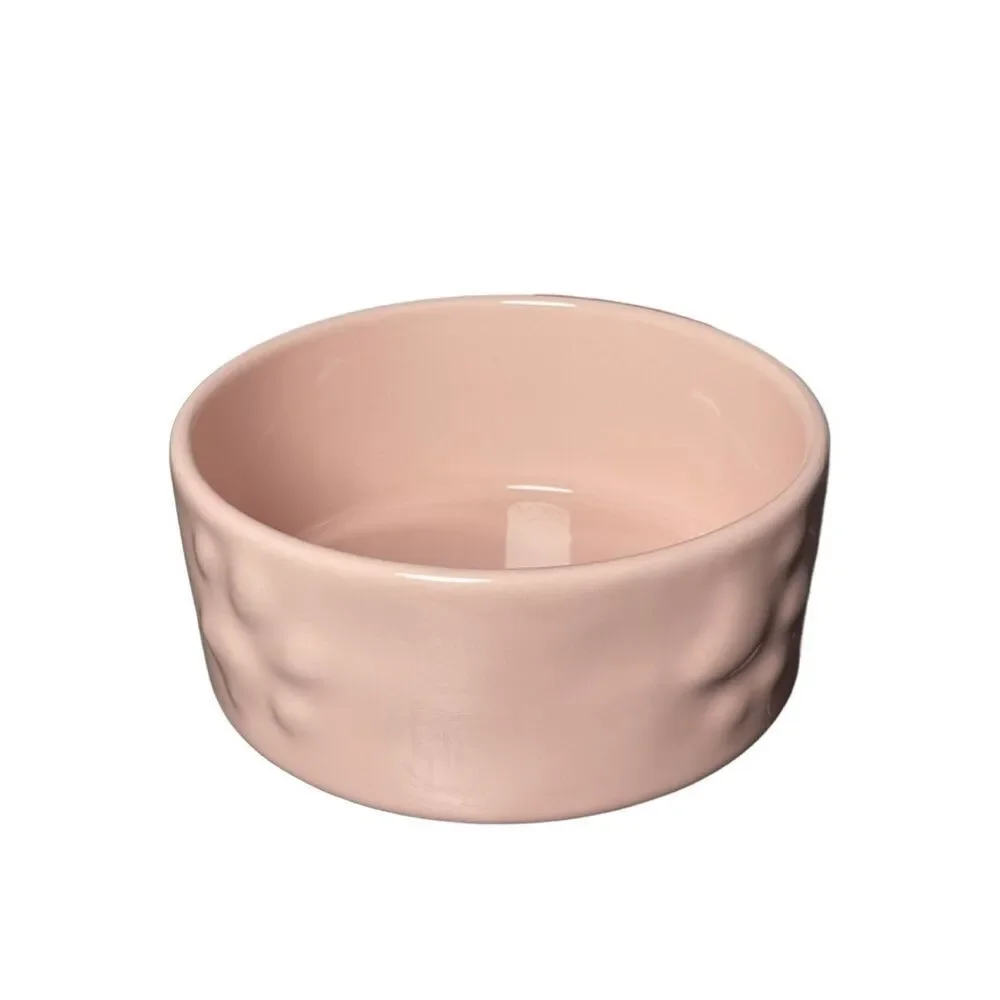 Blush Pink Glazed Ceramic Dog Bowl with Embossed Paw Print Designs